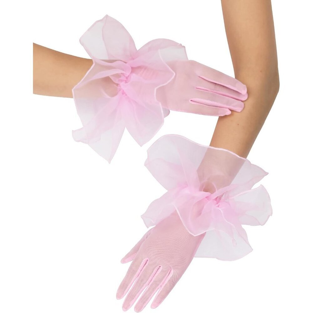 Women's Pink Short Mesh Imported Tulle Sheer Lace Ruffles Gloves